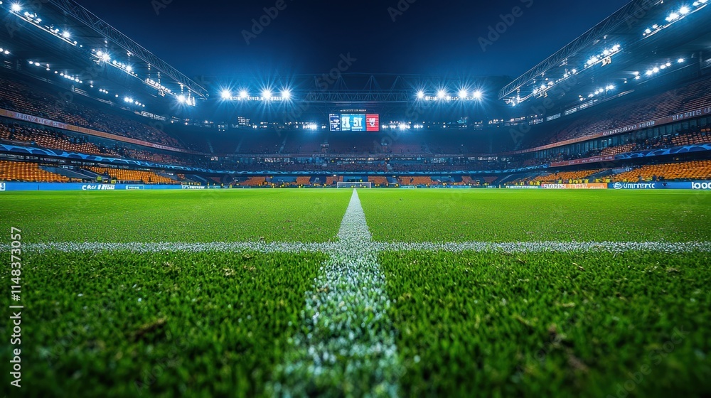 Night soccer stadium, empty green field, bright lights, center mark. Night soccer stadium, empty green field, bright lights, center mark.