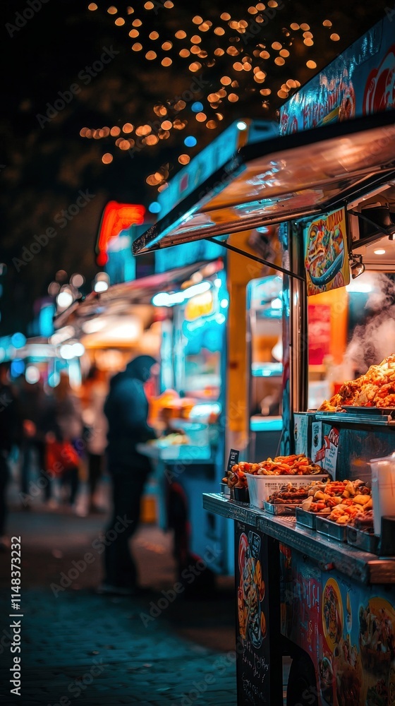 Vibrant night food stalls serving delicious street food in a festive atmosphere. Vibrant night food stalls serving delicious street food in a festive atmosphere.