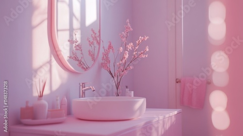 Pink bathroom interior with sunlight, flowers, and sink.