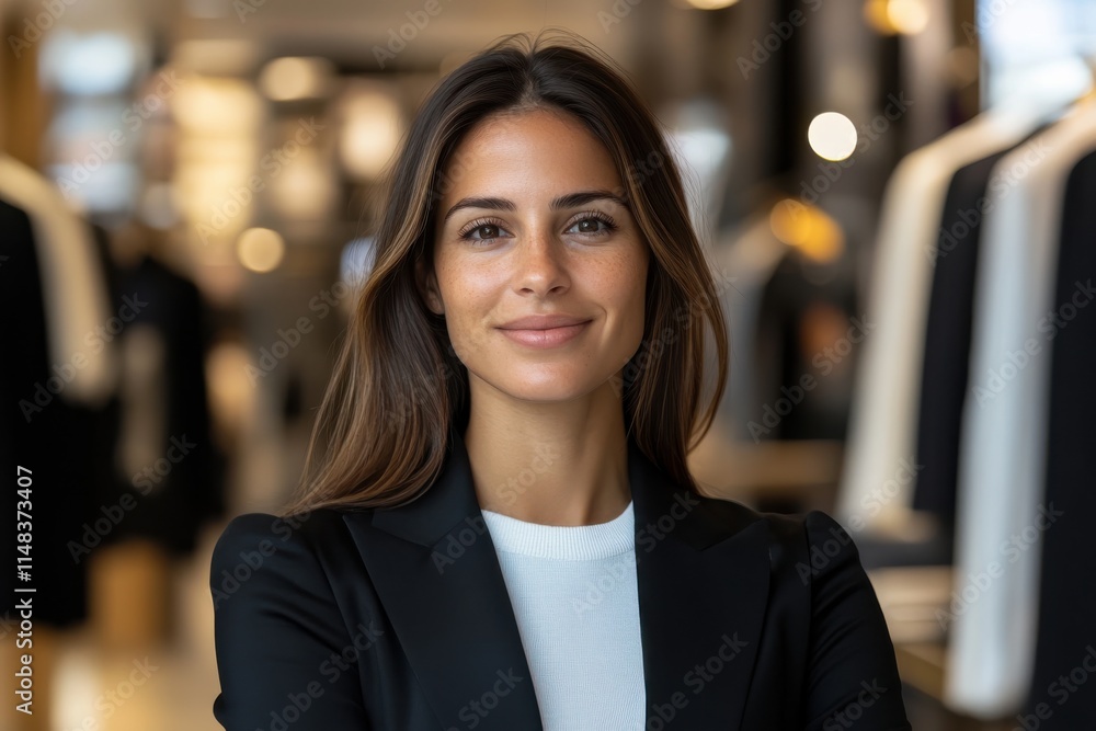 An elegant woman stands confidently in a fashionable clothing store, showcasing her stylish outfit and warm smile while exuding elegance and modern charm. An elegant woman stands confidently in a fashionable clothing store, showcasing her stylish outfit and warm smile while exuding elegance and modern charm.