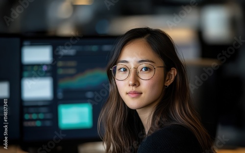 Free Download Focused Data Analyst: A young woman, glasses on, gazes intently at unseen data on a computer screen. Her calm concentration speaks volumes. - GFXLoad