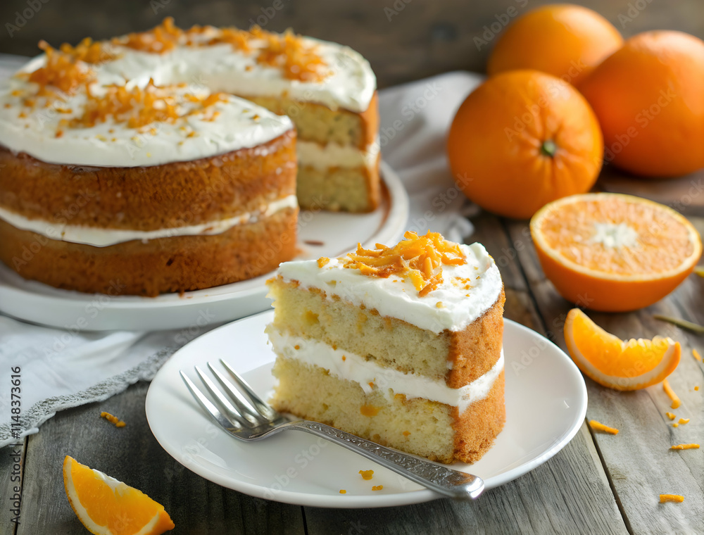 Slice of orange cake with frosting and zest on rustic wooden table Slice of orange cake with frosting and zest on rustic wooden table