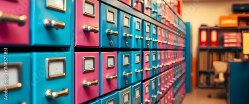 Library card catalog, rows of colorful drawers, vintage filing system, retro information storage