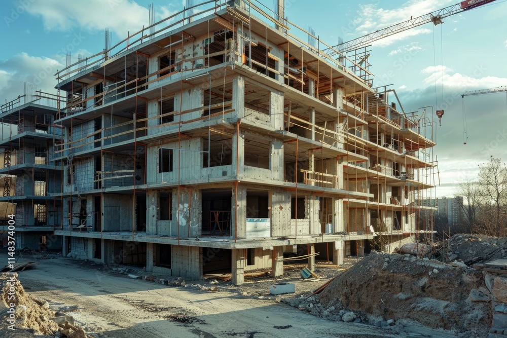 Construction site with crane building modern apartment building Construction site with crane building modern apartment building