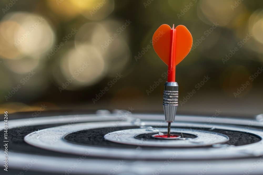 Red dart hitting center of target on blurred background Red dart hitting center of target on blurred background