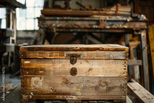 Old wooden crate sitting on pallet in workshop