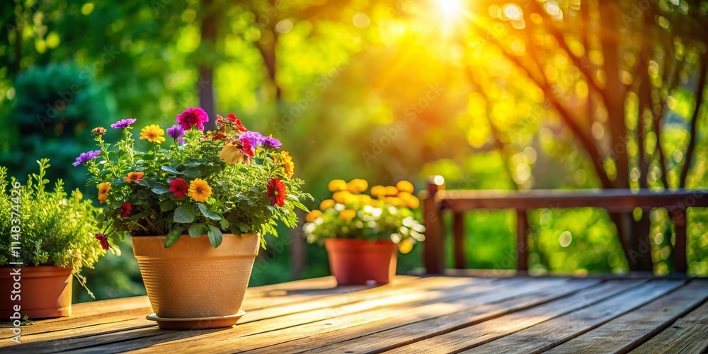 Summer Deck Scene, Bokeh Photography, Wooden Deck, Flower Pot, Nature Background, Beautiful Outdoor Space, Summer Garden, Relaxing Patio Summer Deck Scene, Bokeh Photography, Wooden Deck, Flower Pot, Nature Background, Beautiful Outdoor Space, Summer Garden, Relaxing Patio