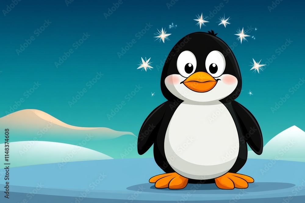 Obraz premium A colorful 2D cartoon of a penguin slipping on ice, with stars circling its head in a comical daze