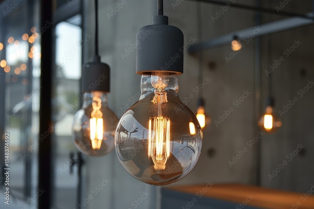 Modern light bulbs hanging in contemporary space, creating warm ambiance Modern light bulbs hanging in contemporary space, creating warm ambiance