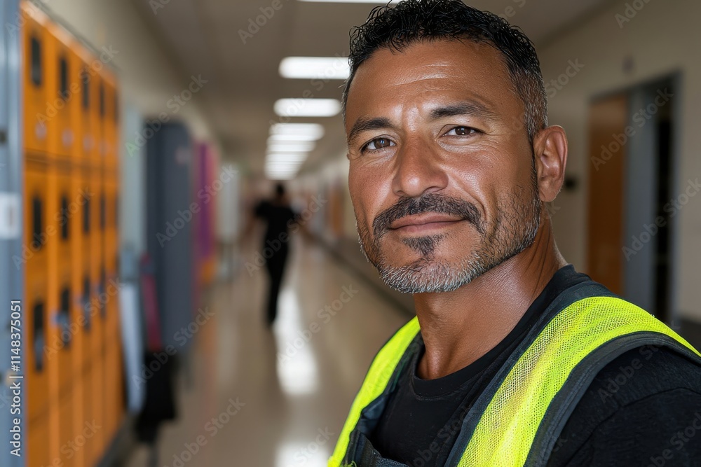 A friendly man stands in a school corridor, wearing work attire, showcasing approachability and professionalism while contributing to a safe educational space. A friendly man stands in a school corridor, wearing work attire, showcasing approachability and professionalism while contributing to a safe educational space.