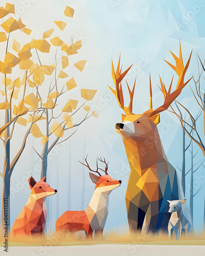 Low-poly deer, fox, and lamb in autumn forest digital art. photo