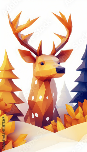 Low-poly deer in autumn forest, digital art, nature background, game asset. photo