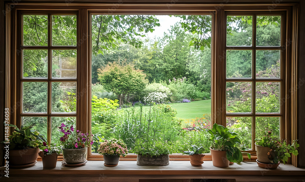 A serene view of a lush garden through a wooden window with potted plants in the foreground. A serene view of a lush garden through a wooden window with potted plants in the foreground.