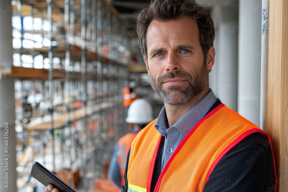 A professional supervisor is seen on a construction site, wearing a stylish safety vest and holding a tablet, overseeing the building process in the background. A professional supervisor is seen on a construction site, wearing a stylish safety vest and holding a tablet, overseeing the building process in the background.