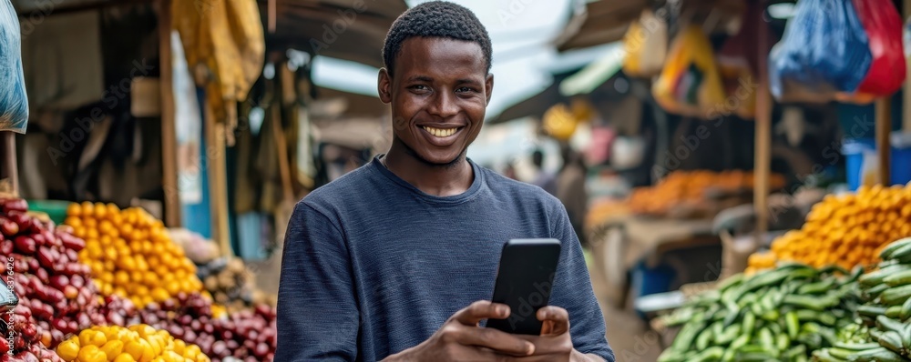 Young Entrepreneur Holding Smartphone in Rural Marketplace Young Entrepreneur Holding Smartphone in Rural Marketplace
