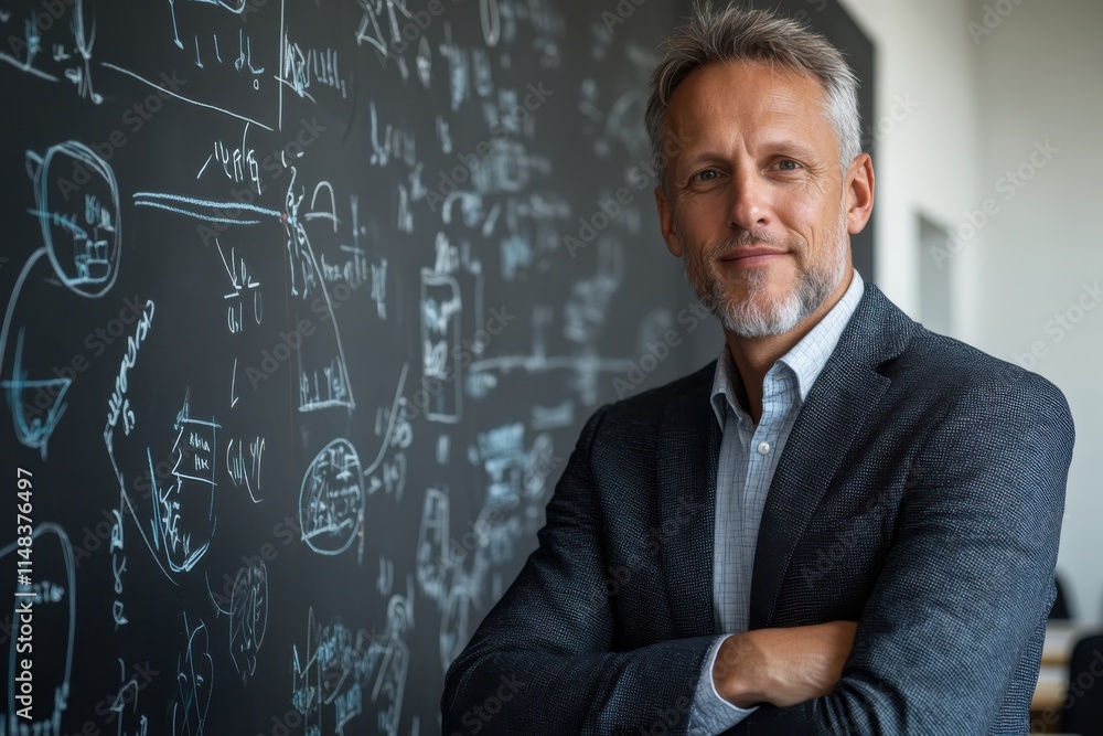 A confident professor poses in an academic setting, arms crossed, in front of a chalkboard filled with sophisticated ideas and theories, representing expertise and wisdom. A confident professor poses in an academic setting, arms crossed, in front of a chalkboard filled with sophisticated ideas and theories, representing expertise and wisdom.