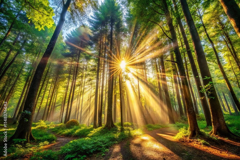 Sunbeams Through Forest Canopy: Nature Photography, Golden Hour Sunlight, Woodland Scene Sunbeams Through Forest Canopy: Nature Photography, Golden Hour Sunlight, Woodland Scene