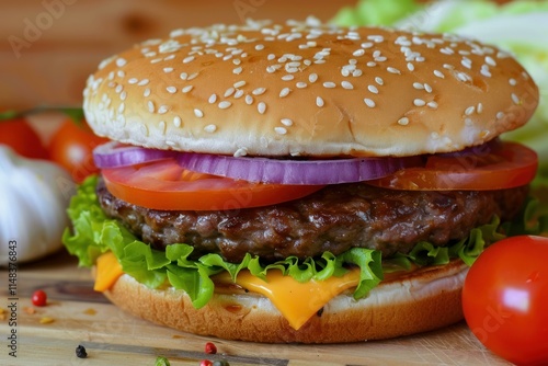 Delicious burger showing sesame bun, beef, cheese, tomato, onion and lettuce on wooden table photo