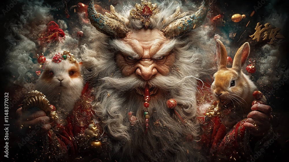 Obraz premium Mythical creatures including a majestic dragon tiger rabbit and ox dressed in ornate robes and holding lucky charms gather for an auspicious New Year harmony prosperity and cultural tradition