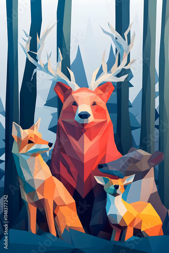 Low-poly forest animals group portrait, digital art, nature background, website design. photo