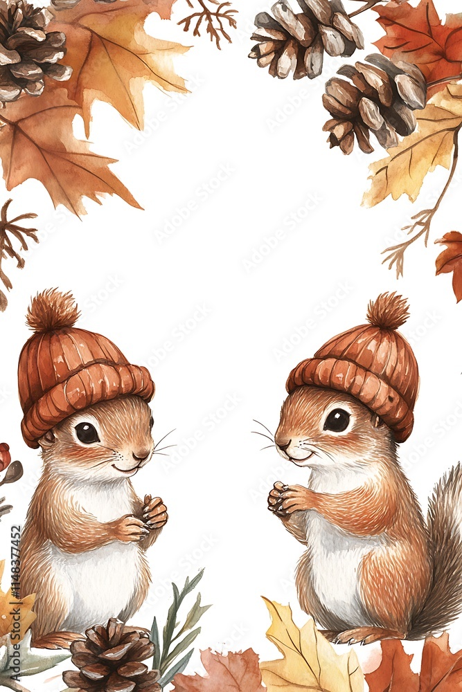 Adorable squirrels in cozy hats surrounded by autumn leaves and pine cones a charming fall illustration Adorable squirrels in cozy hats surrounded by autumn leaves and pine cones a charming fall illustration