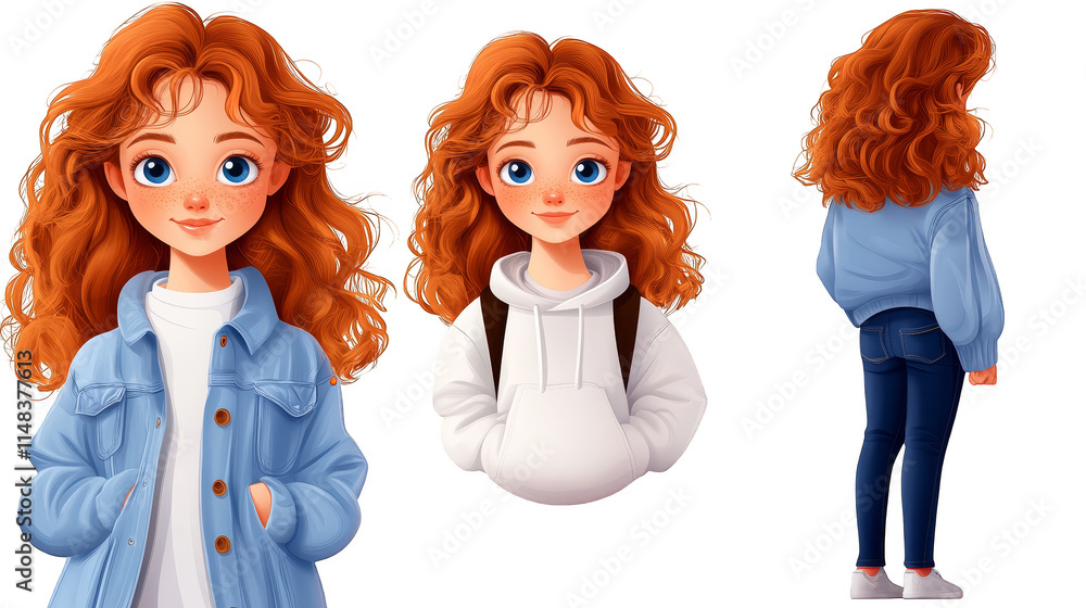 Cute Cartoon Girl Red Hair Jeans Hoodie Back View Cute Cartoon Girl Red Hair Jeans Hoodie Back View