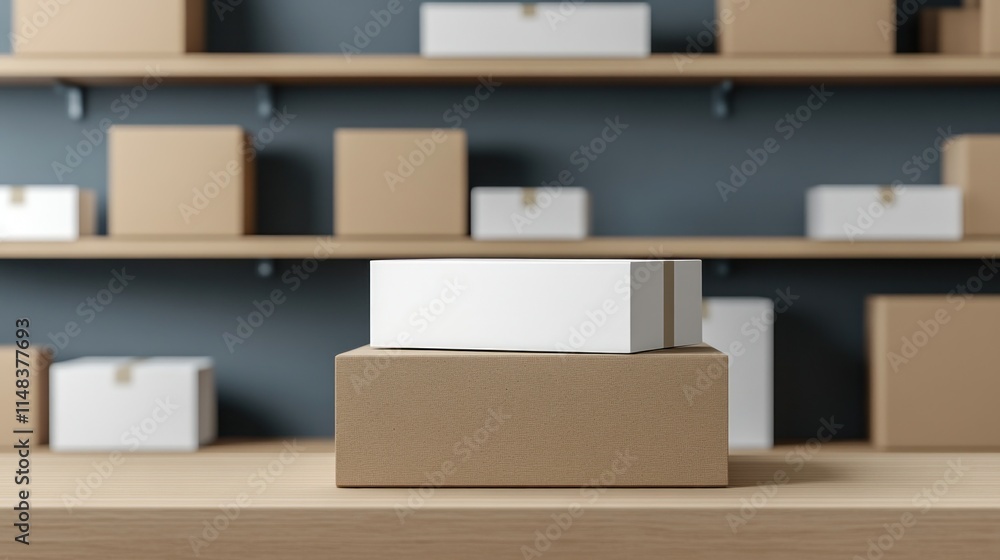 Two cardboard boxes, one on top of the other, on a wooden shelf with many boxes in the background. Two cardboard boxes, one on top of the other, on a wooden shelf with many boxes in the background.