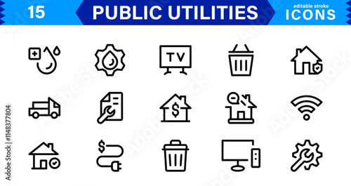 Public Utilities Icon Pack, Modern, Scalable Line Art for Water, Electricity, Waste Management & Public Services.