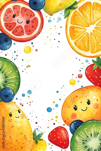 Delightful fruit characters in a colorful watercolor frame perfect for playful designs and kid-friendly themes