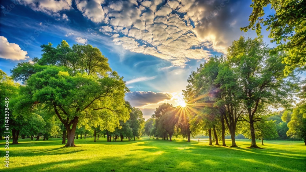 Naklejka premium Sunny Summer Park Panoramic Photography: Lush Green Landscape, Blue Sky, Warm Sunlight, Relaxing Scene