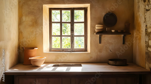 Wallpaper Mural A cozy kitchen with a window, natural light, and simple pottery on wooden shelves. Torontodigital.ca