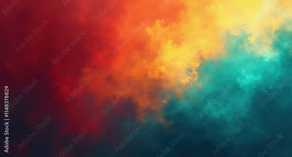 There is a Crimson Red + Goldenrod Yellow background with gradient and patterns, dynamic Opalescent Turquoise light, canvas made entirely from gradients, high angle, riot, smoky sky back There is a Crimson Red + Goldenrod Yellow background with gradient and patterns, dynamic Opalescent Turquoise light, canvas made entirely from gradients, high angle, riot, smoky sky back