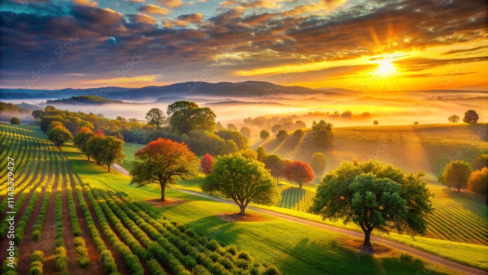 Fototapeta premium Sunrise Panoramic Walnut Run Farm: Breathtaking Rural Landscape Photography