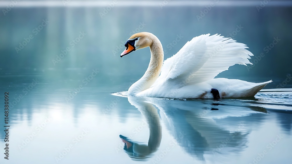 Fototapeta premium Swan gliding on still lake.