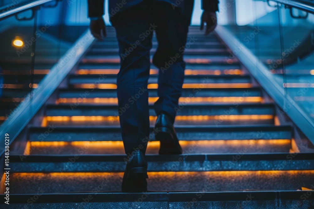 Obraz premium Businessman walking up illuminated stairs in modern building