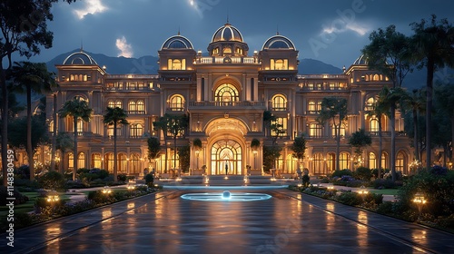 Elegant mansion glows brightly at night with luxurious architectural design features image photo