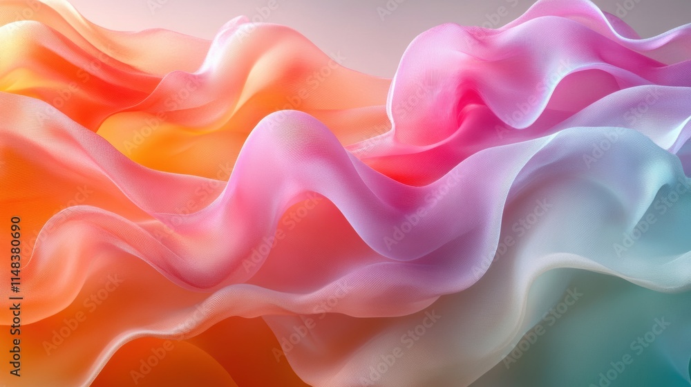 Obraz premium Elegant flowing ribbons of pastel peach, mint green, and frosty lilac interweave seamlessly, forming soft, layered curves reminiscent of delicate fabric or festive decorations. Background 
