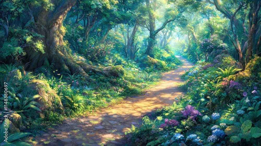 Sunlit path winding through a lush, vibrant forest with wildflowers and large trees. Sunlit path winding through a lush, vibrant forest with wildflowers and large trees.