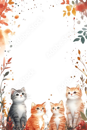 Charming watercolor illustration of four adorable cats surrounded by autumn foliage and colorful splashes for cat lovers and art enthusiasts photo