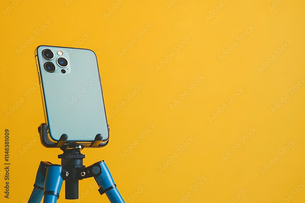 Smartphone with blank screen fixed to tripod on white table against yellow background. Smartphone with blank screen fixed to tripod on white table against yellow background.