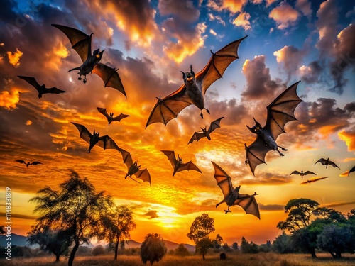 Sunset Sky Flying Fox Bats: Candid Photography of Pteropus hypomelanus photo