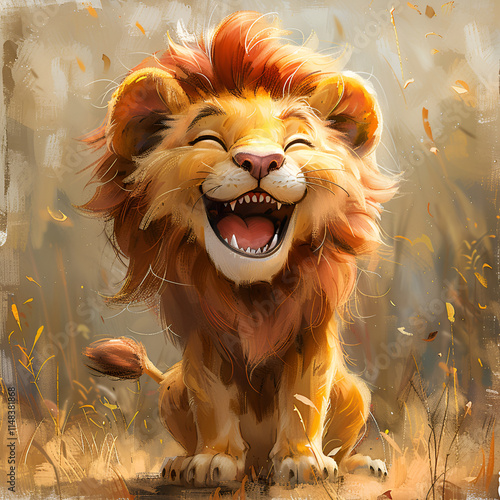 A cheerful and playful lion character, illustrated with vibrant colors and a friendly expression. Perfect for children's themes. photo