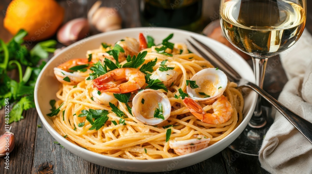A delicious plate of pasta topped with shrimp and clams, garnished with parsley, accompanied by a glass of white wine. A delicious plate of pasta topped with shrimp and clams, garnished with parsley, accompanied by a glass of white wine.