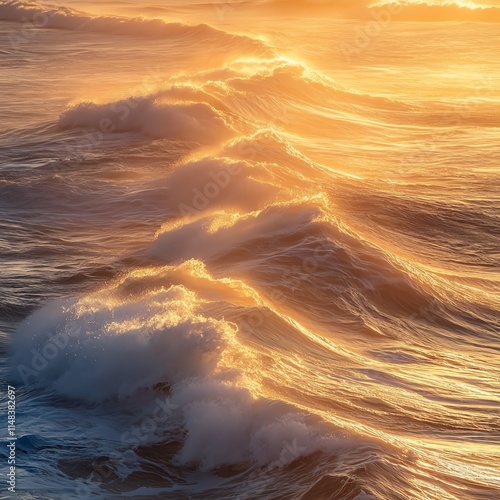 Waves rolling gracefully in sunset light, creating a serene coastal ambiance. photo