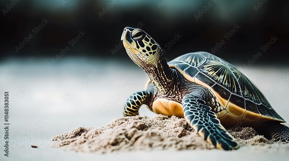 Obraz premium Turtle on sand, eyes closed.