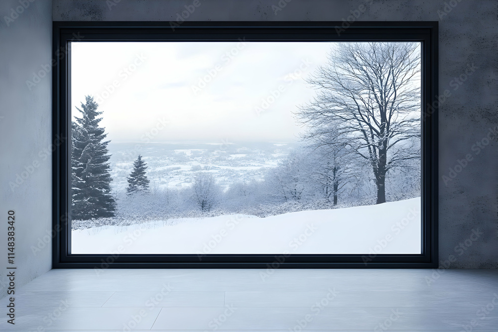 Fototapeta premium A serene winter landscape viewed through a large window, showcasing snow-covered trees.