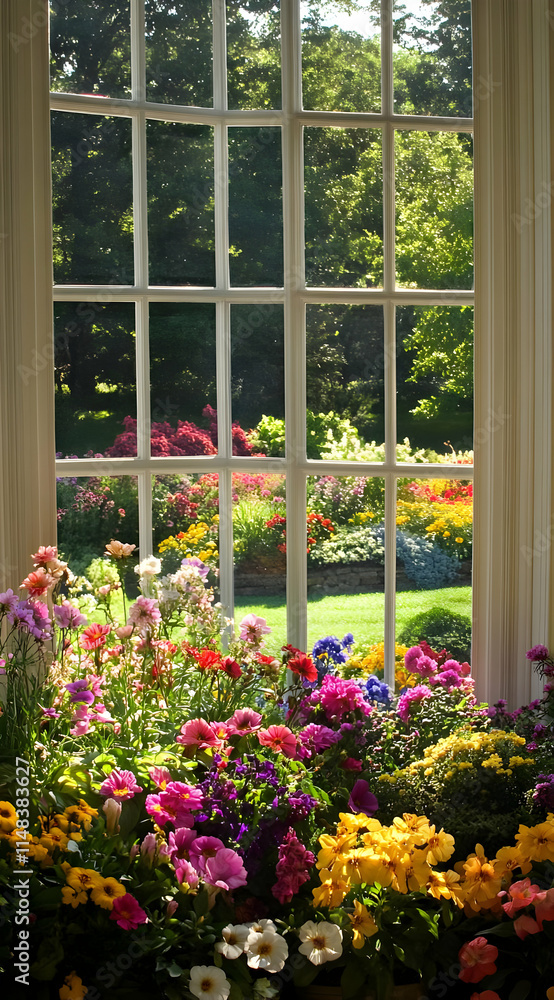 Fototapeta premium A vibrant garden view through a window, showcasing colorful flowers and lush greenery.