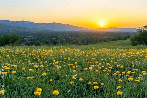 Stunning sunset over mountain landscape with vibrant yellow wildflowers in green meadows    free space for text  Vibrant Yellow Flower Field at Sunset Over Cityscape Hills