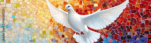 White dove in flight, colorful mosaic background, symbol of peace. photo