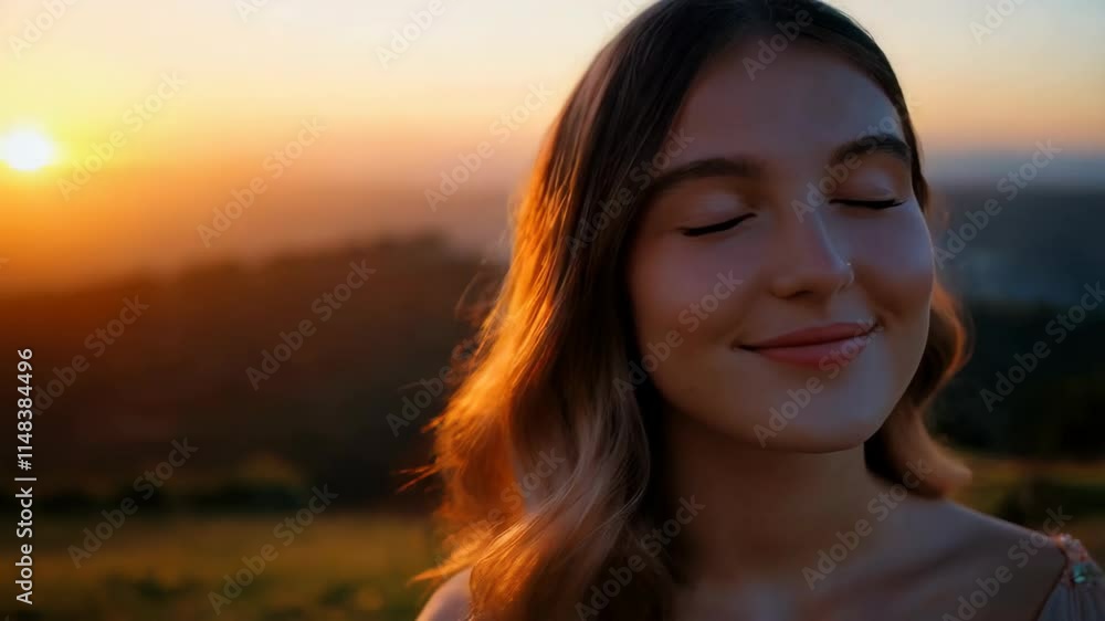 A young White woman sits calmly on a hillside, gazing into the distance as the sun sets, creating a peaceful atmosphere A young White woman sits calmly on a hillside, gazing into the distance as the sun sets, creating a peaceful atmosphere
